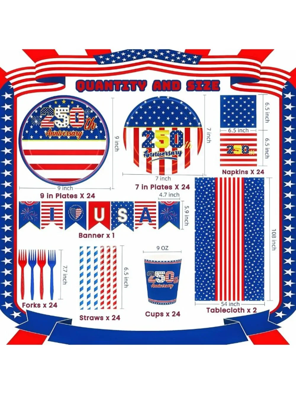 250th 4th of July Party Supplies Set - 147PCS Red White Blue Tableware & Decor